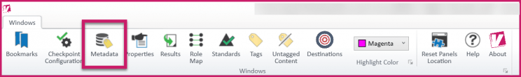A screencapture showing the top menu from CommonLook PDF Validator, with an emphasis on where the metadata tool is