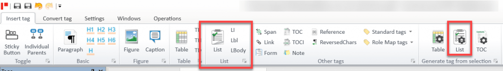 A screen capture of CommonLook's menu, highlighting the appropriate tools to use to create a list from a selection