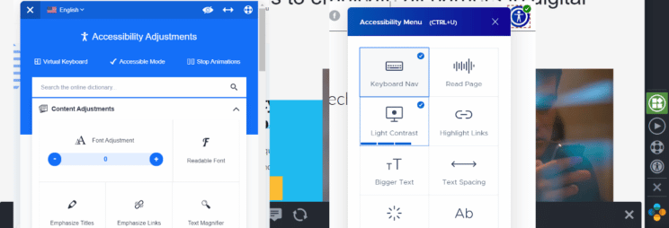 A screencapture showing a pop=up accessibility interface