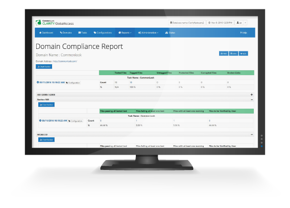 Screen shot of CommonLook Clarity Domain Compliance Report, showing the results of a sample document accessibility scan. Report shows the URL being tested, number of files tested, number of files failing at least one checkpoint, number of files with at least one warning and number of files to be verified by the user.