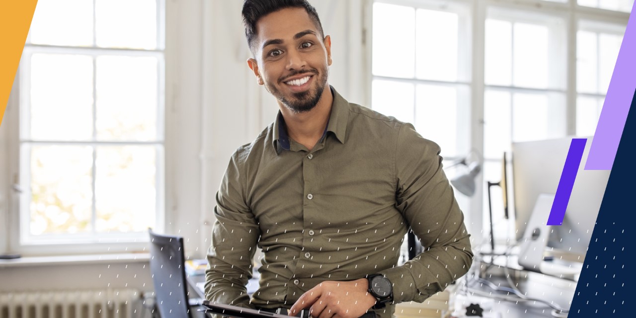 happy man looks at the viewer
