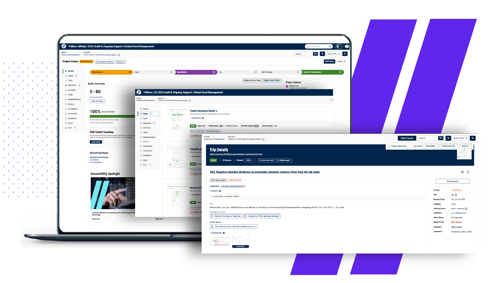 Collage of project management dashboards shown on a laptop screen with purple diagonal stripes in the background.