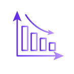Purple bar chart with descending bars and a curved arrow, indicating a downward trend in metrics.