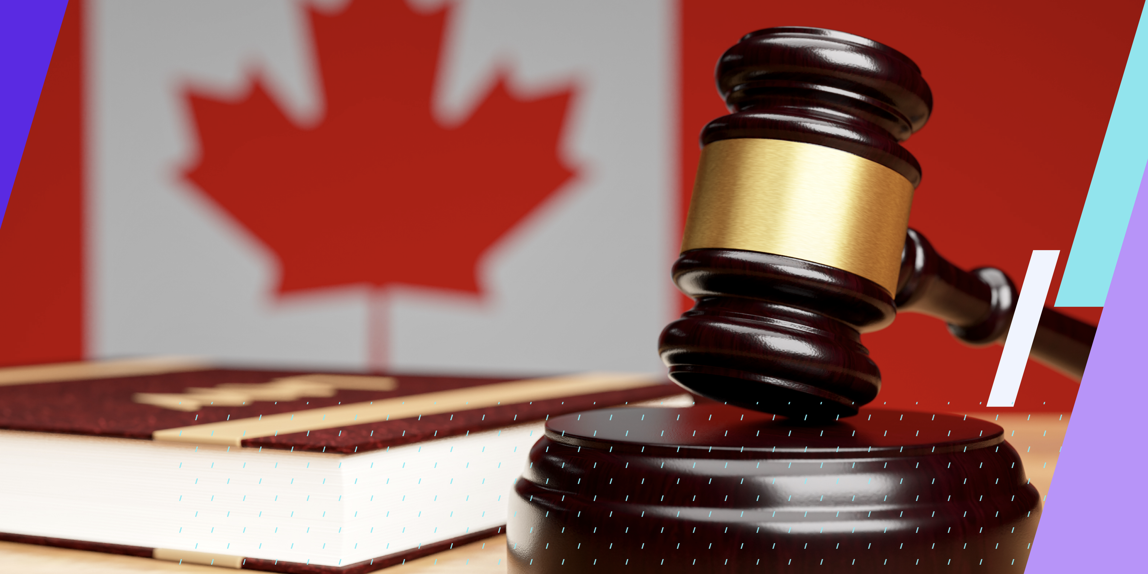Gavel in foreground on a wooden surface with a blurred Canadian flag in the background, symbolizing law in Canada.