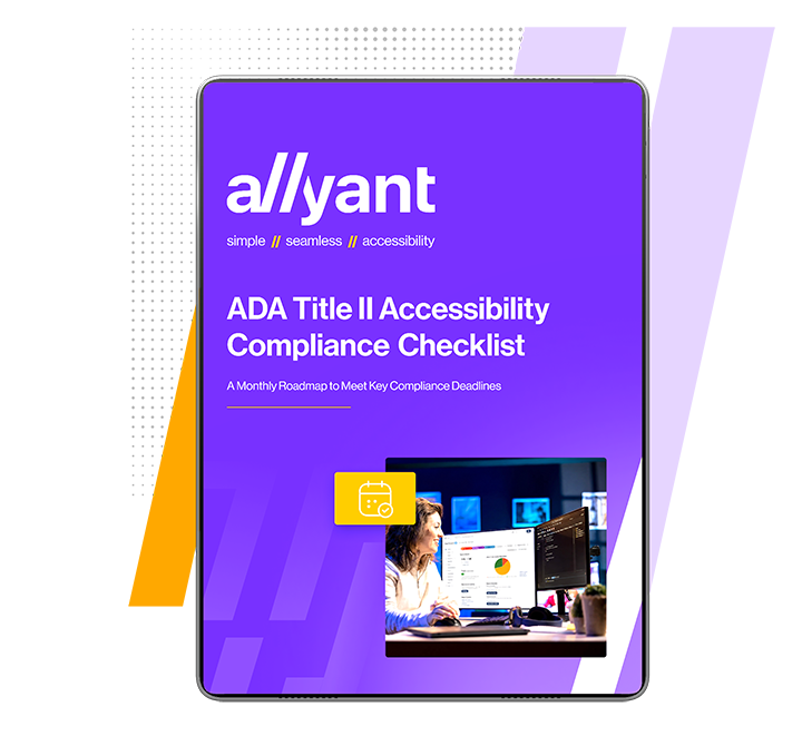 Purple device cover reading 'ADA Title II Accessibility Compliance Checklist' with a photo of a person at a computer and a yellow calendar icon in the foreground.