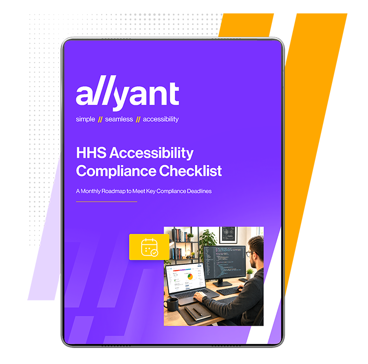 Tablet screen shows a purple slide with the title 'HHS Accessibility Compliance Checklist' and a small logo at the top, suggesting a presentation or download cover.